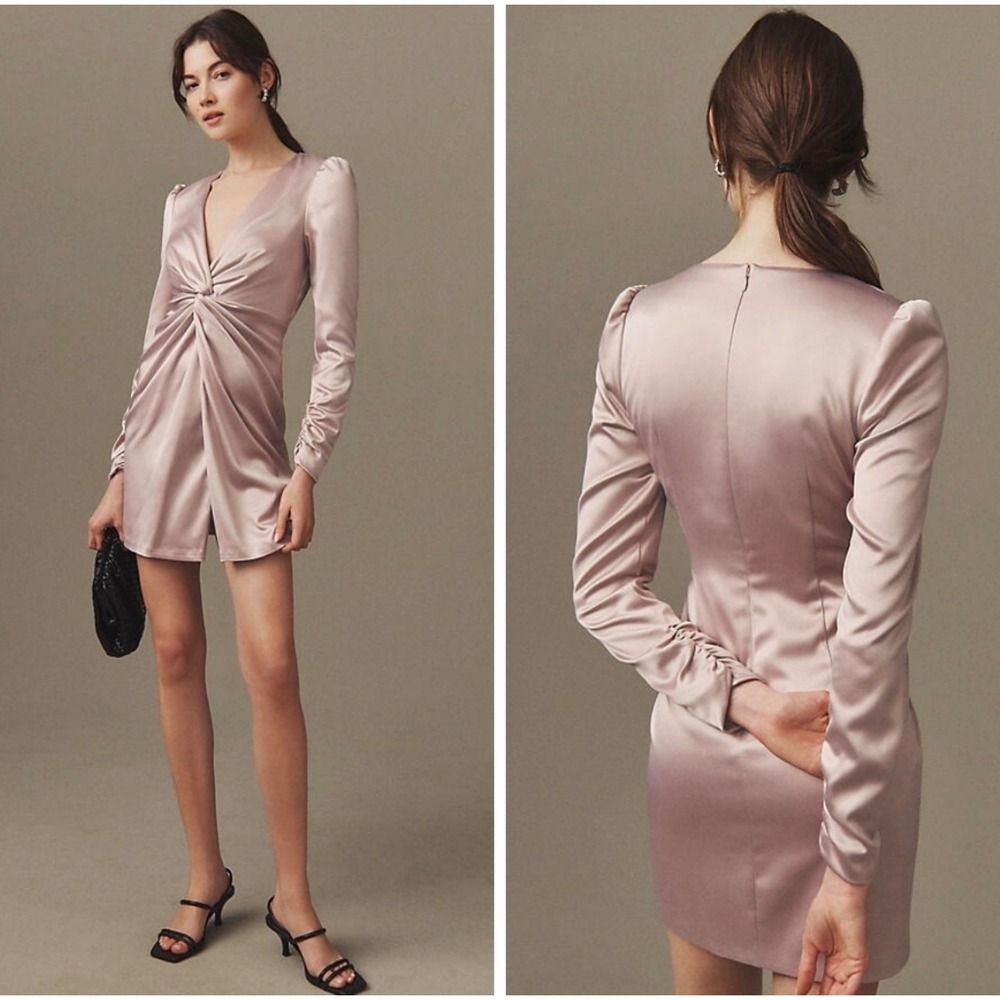 BHLDN Anthropologie Sabrina Satin Twist Front Mini Dress Pink Long Sleeve L